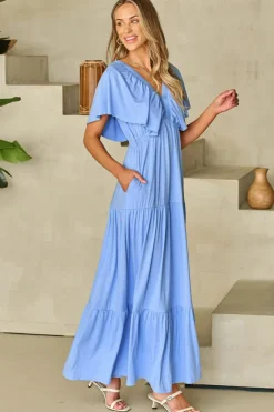 Online Dear-Lover Textured V Neck Flutter Sleeve Ruffled Maxi Dress Sky Blue