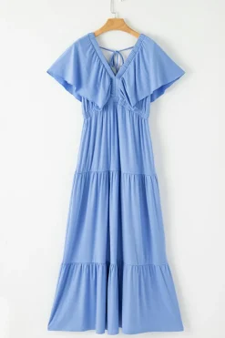 Online Dear-Lover Textured V Neck Flutter Sleeve Ruffled Maxi Dress Sky Blue
