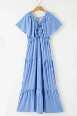Online Dear-Lover Textured V Neck Flutter Sleeve Ruffled Maxi Dress Sky Blue