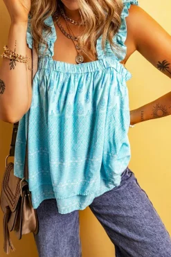 Sale Dear-Lover Tribal Pattern Print Ruffled Wide Straps Loose Tank Top Sky Blue