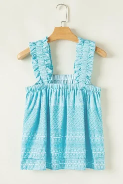 Sale Dear-Lover Tribal Pattern Print Ruffled Wide Straps Loose Tank Top Sky Blue