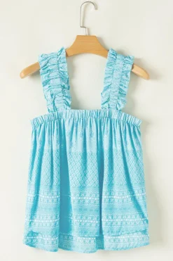 Sale Dear-Lover Tribal Pattern Print Ruffled Wide Straps Loose Tank Top Sky Blue