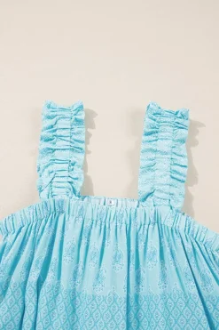 Sale Dear-Lover Tribal Pattern Print Ruffled Wide Straps Loose Tank Top Sky Blue