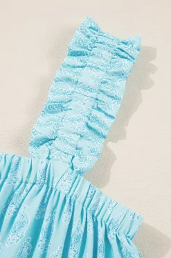 Sale Dear-Lover Tribal Pattern Print Ruffled Wide Straps Loose Tank Top Sky Blue