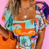 Best Dear-Lover Tropical Printed Square Neck Flutter Sleeve Babydoll Blouse Sky Blue