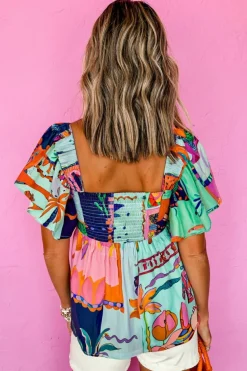 Best Dear-Lover Tropical Printed Square Neck Flutter Sleeve Babydoll Blouse Sky Blue