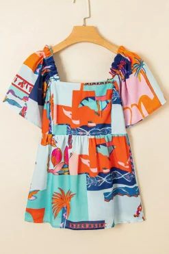 Best Dear-Lover Tropical Printed Square Neck Flutter Sleeve Babydoll Blouse Sky Blue