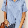 Fashion Dear-Lover Turn-down Collar Short Sleeve Denim Shirt Sky Blue-3