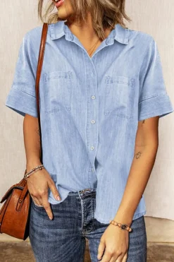 Fashion Dear-Lover Turn-down Collar Short Sleeve Denim Shirt Sky Blue-3