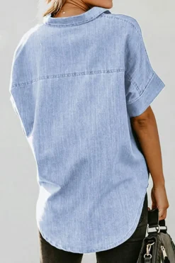 Fashion Dear-Lover Turn-down Collar Short Sleeve Denim Shirt Sky Blue-3