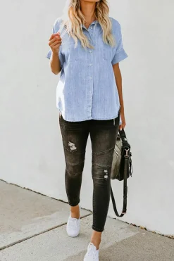 Fashion Dear-Lover Turn-down Collar Short Sleeve Denim Shirt Sky Blue-3