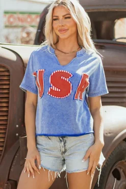 Outlet Dear-Lover USA Patch Mineral Wash Notch V Neck Vintage Graphic T Shirt Sky Blue