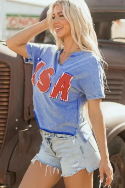 Outlet Dear-Lover USA Patch Mineral Wash Notch V Neck Vintage Graphic T Shirt Sky Blue