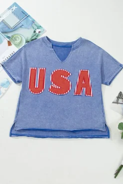 Outlet Dear-Lover USA Patch Mineral Wash Notch V Neck Vintage Graphic T Shirt Sky Blue