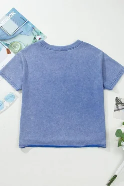 Outlet Dear-Lover USA Patch Mineral Wash Notch V Neck Vintage Graphic T Shirt Sky Blue