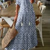 Outlet Dear-Lover V Neck Casual Geometric Print Maxi Dress Sky Blue
