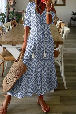 Outlet Dear-Lover V Neck Casual Geometric Print Maxi Dress Sky Blue