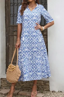 Outlet Dear-Lover V Neck Casual Geometric Print Maxi Dress Sky Blue