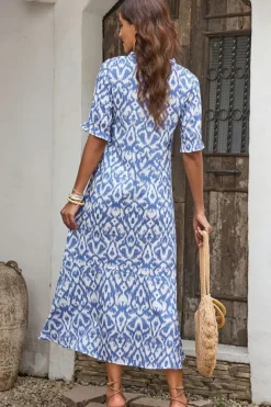 Outlet Dear-Lover V Neck Casual Geometric Print Maxi Dress Sky Blue