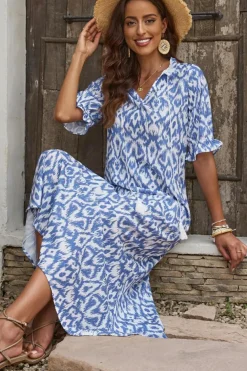 Outlet Dear-Lover V Neck Casual Geometric Print Maxi Dress Sky Blue