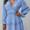 Best Dear-Lover V Neck Ruffle Detailing Open Back Dress Sky Blue
