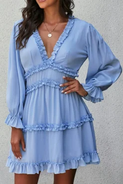 Best Dear-Lover V Neck Ruffle Detailing Open Back Dress Sky Blue