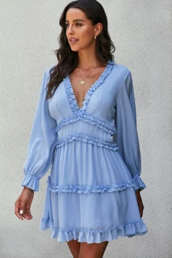 Best Dear-Lover V Neck Ruffle Detailing Open Back Dress Sky Blue