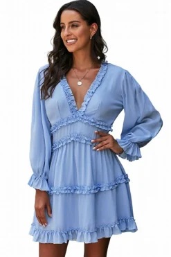 Best Dear-Lover V Neck Ruffle Detailing Open Back Dress Sky Blue