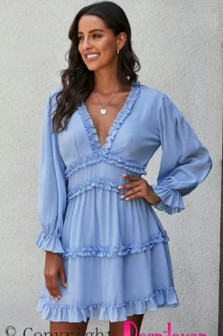 Best Dear-Lover V Neck Ruffle Detailing Open Back Dress Sky Blue