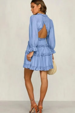 Best Dear-Lover V Neck Ruffle Detailing Open Back Dress Sky Blue