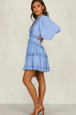 Best Dear-Lover V Neck Ruffle Detailing Open Back Dress Sky Blue