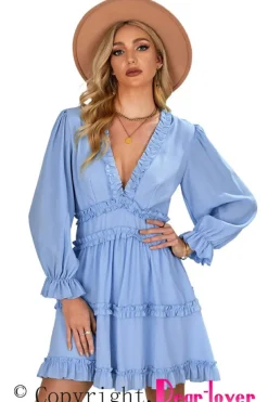Best Dear-Lover V Neck Ruffle Detailing Open Back Dress Sky Blue