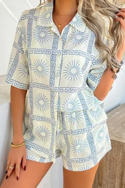 Clearance Dear-Lover Vacation Printed Loose Shirt and Drawstring Shorts Set Sky Blue