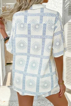 Clearance Dear-Lover Vacation Printed Loose Shirt and Drawstring Shorts Set Sky Blue