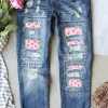 Fashion Dear-Lover Valentines Day Heart Patchwork Jeans Sky Blue