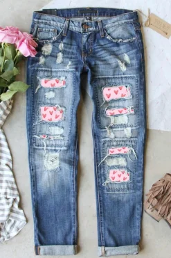 Fashion Dear-Lover Valentines Day Heart Patchwork Jeans Sky Blue