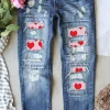Clearance Dear-Lover Valentines Day Heart Patchwork Distressed Jeans Sky Blue
