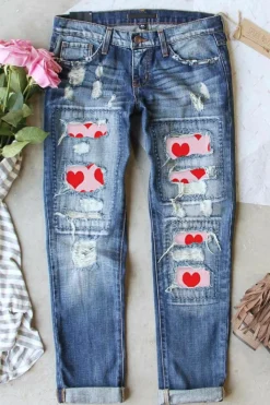 Clearance Dear-Lover Valentines Day Heart Patchwork Distressed Jeans Sky Blue
