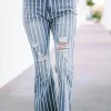 New Dear-Lover Vertical Striped Ripped Flare Jeans Sky Blue
