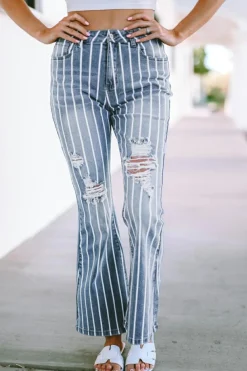New Dear-Lover Vertical Striped Ripped Flare Jeans Sky Blue