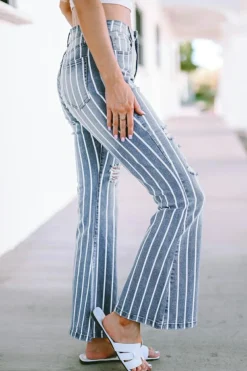 New Dear-Lover Vertical Striped Ripped Flare Jeans Sky Blue