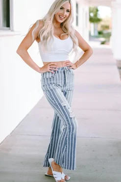 New Dear-Lover Vertical Striped Ripped Flare Jeans Sky Blue