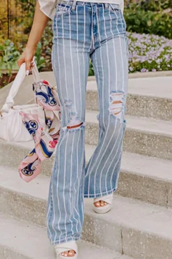 New Dear-Lover Vertical Striped Ripped Flare Jeans Sky Blue