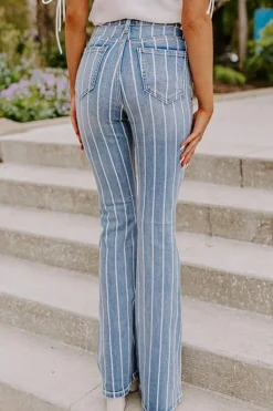 New Dear-Lover Vertical Striped Ripped Flare Jeans Sky Blue