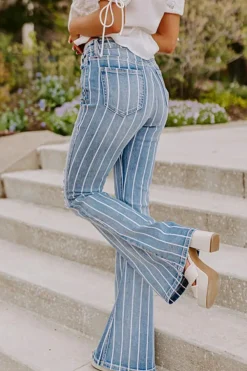 New Dear-Lover Vertical Striped Ripped Flare Jeans Sky Blue