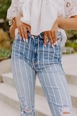 New Dear-Lover Vertical Striped Ripped Flare Jeans Sky Blue