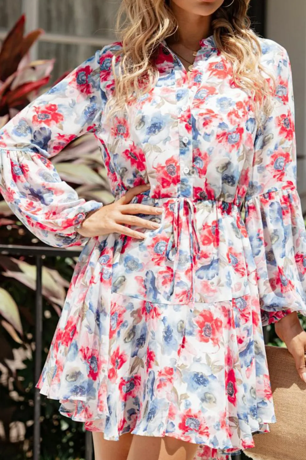 Fashion Dear-Lover Vintage Floral Print Drawstring Flowy Dress Sky Blue