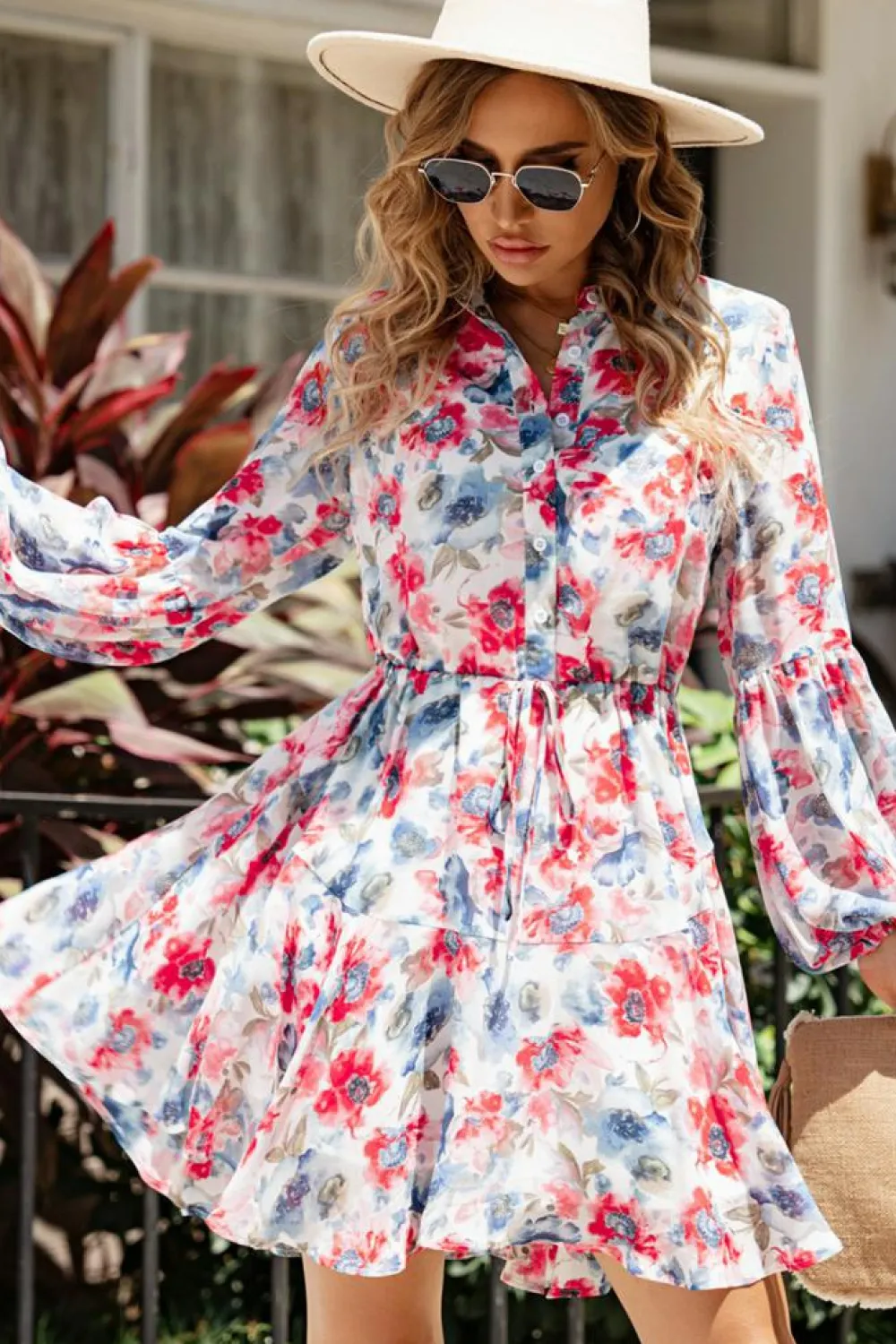 Fashion Dear-Lover Vintage Floral Print Drawstring Flowy Dress Sky Blue