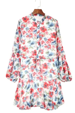 Fashion Dear-Lover Vintage Floral Print Drawstring Flowy Dress Sky Blue
