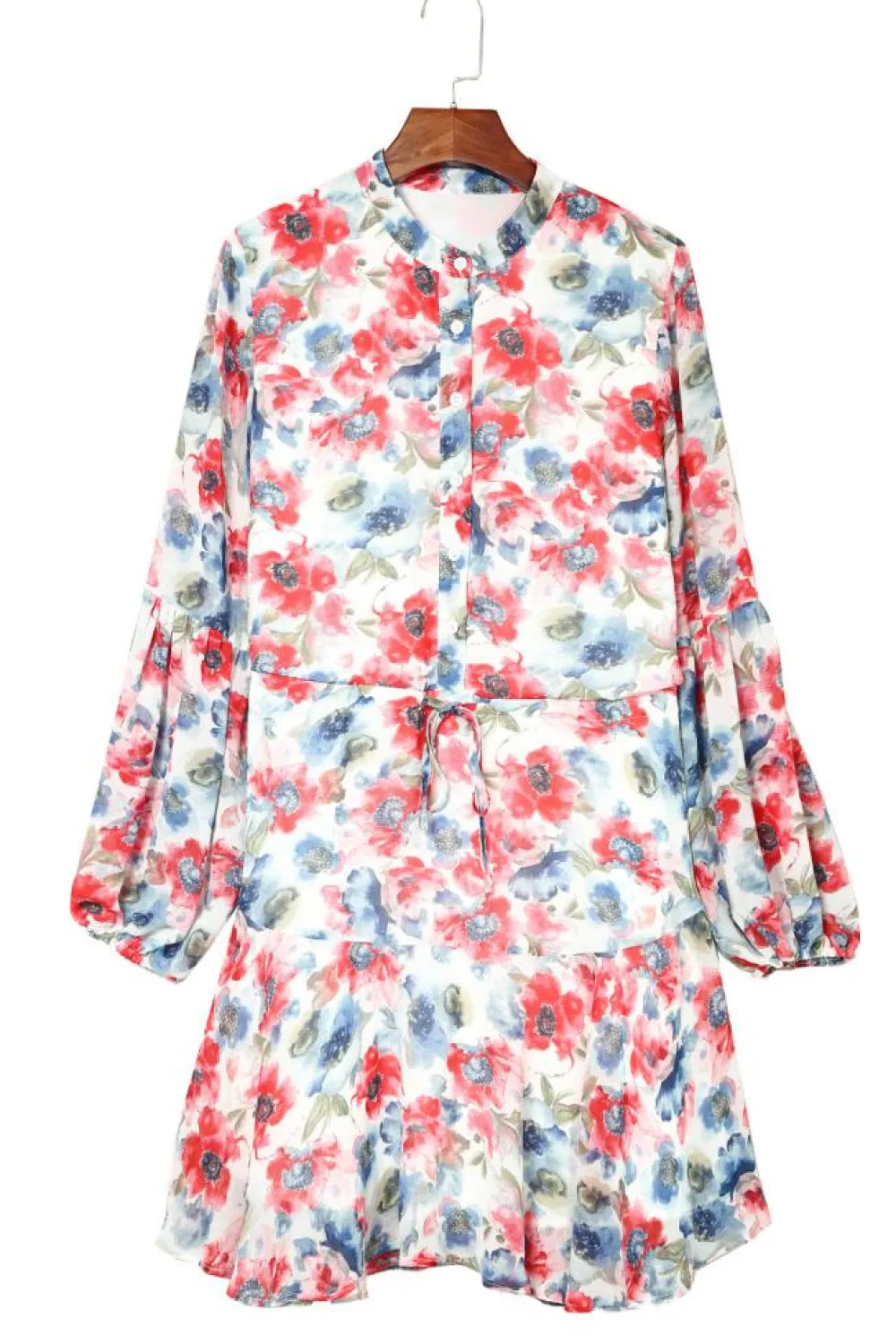 Fashion Dear-Lover Vintage Floral Print Drawstring Flowy Dress Sky Blue